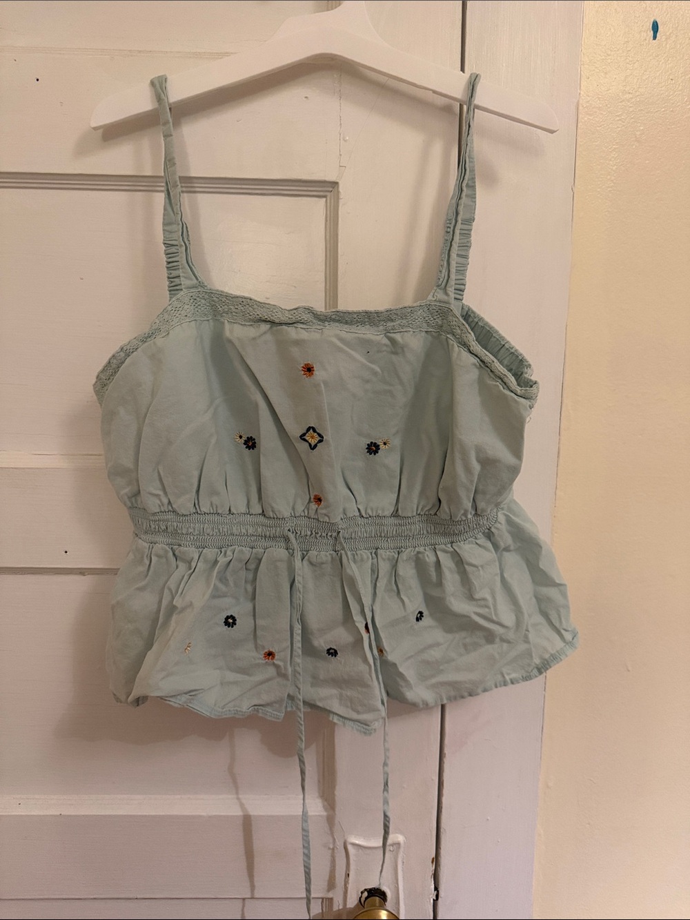 Celebrity Pink Light Blue Embroidered Spaghetti Strap Peplum Cami